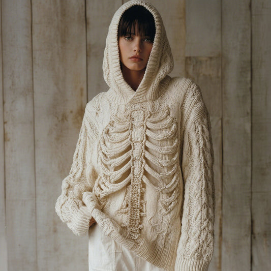 Vintage Halloween Skeleton Bones Art Chunky Knitted Hooded Sweater