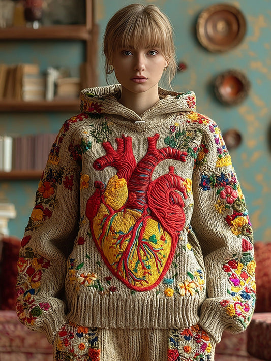 Women's Vintage Heart Flower Embroidery Art Cozy Knitted Hooded Sweater