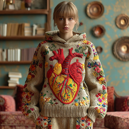 Women's Vintage Heart Flower Embroidery Art Cozy Knitted Hooded Sweater
