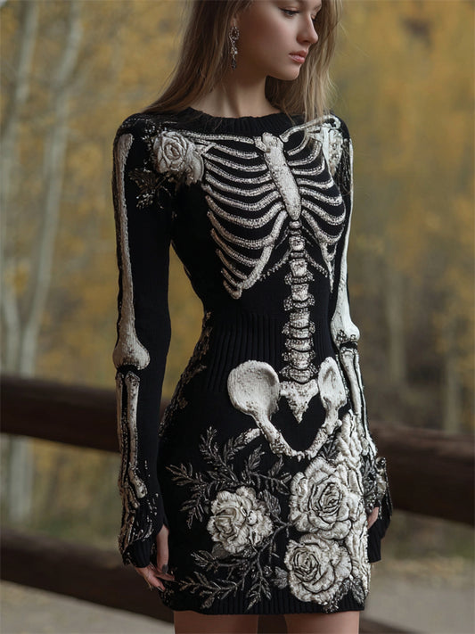 Classy White Roses Skeleton Glitter Beaded Cozy Knit Sweater Dress