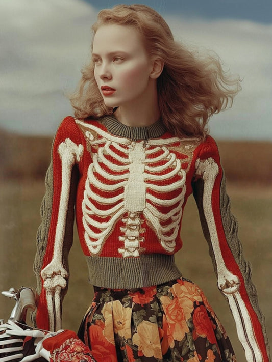 Women's Ancient Anatomy Art Color Blocked Casual Round Neck Sweater