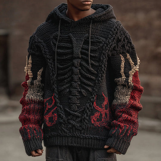 Halloween Skeleton Flame Inspired Jacquard Knit Hooded Sweater