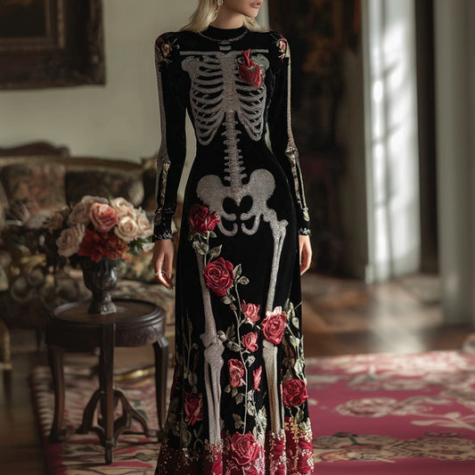 Women's Classic Human Anatomy Red Rose Velvet Round Neck Maxi Dress