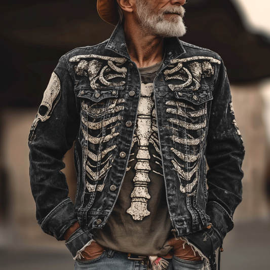 Halloween Skeleton And Human Skeleton Pattern Design Men's Denim Jacket