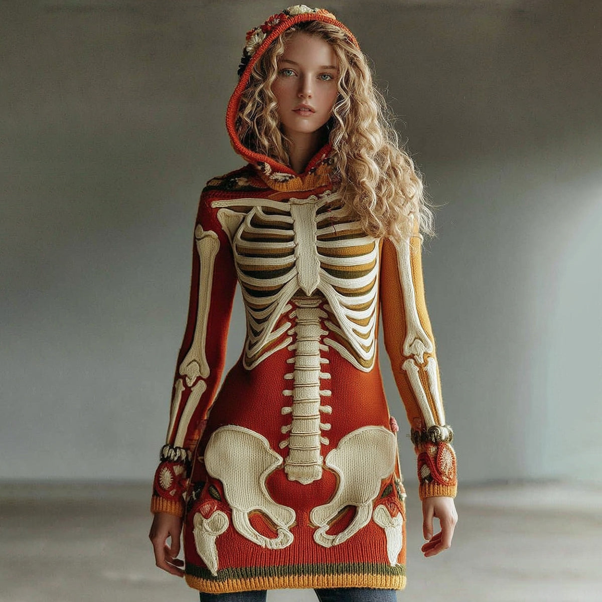 Vintage Halloween Anatomy With Halloween Floral Art Chunky Knitted Hooded Sweater Short Dress