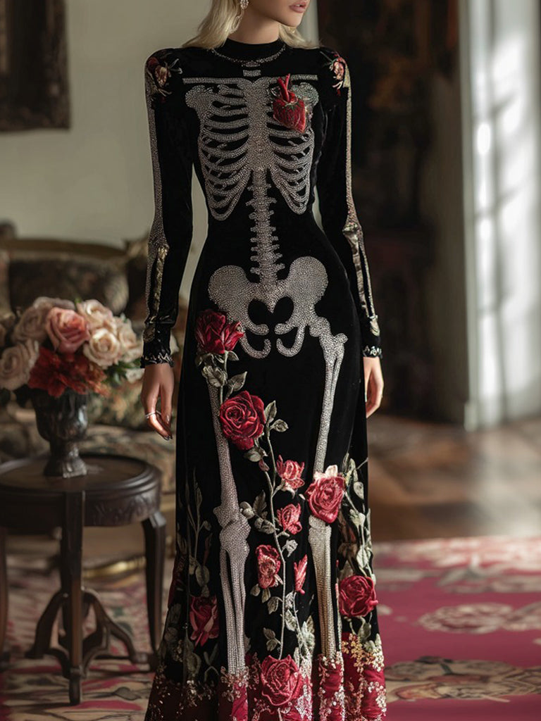 Women's Classic Human Anatomy Red Rose Velvet Round Neck Maxi Dress