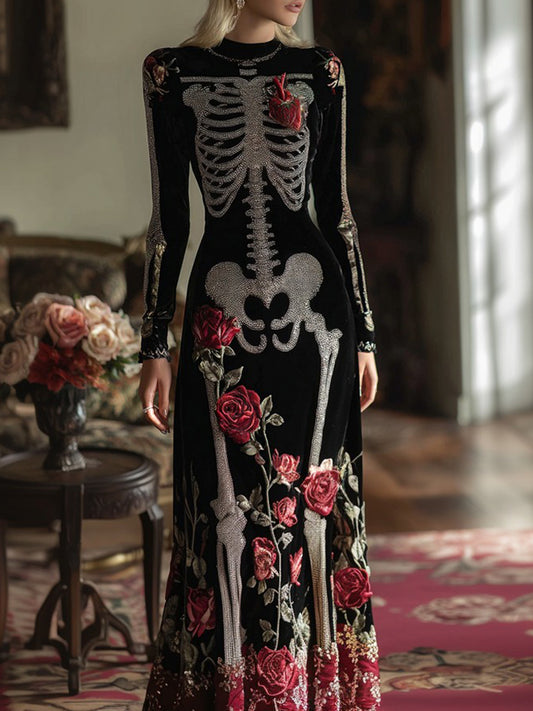 Women's Classic Human Anatomy Red Rose Velvet Round Neck Maxi Dress