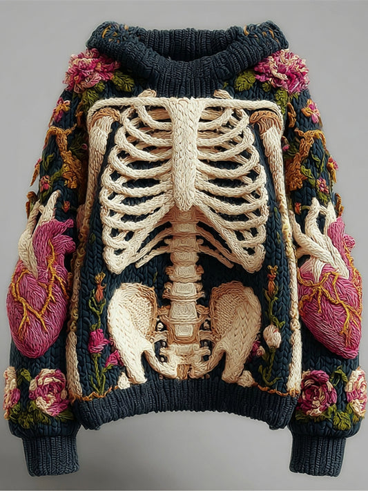 Halloween Skeleton & Floral Embroidery Women's Knit Hooded Sweater