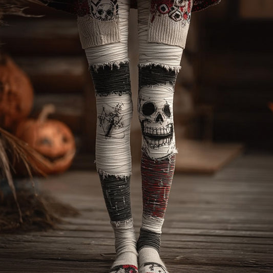Women Make Old Pants With Halloween Skull Patchwork