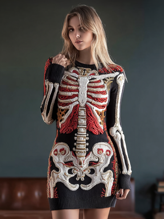 Halloween Human Anatomy Pattern  Design Women's Round Neck Knit Sweater Dress
