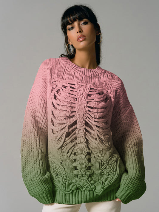 Vintage Halloween Anatomy Skeleton Bones In Gradient Art Chunky Knitted Sweater