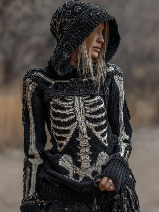 Vintage Skeleton Anatomy Hooded Cozy Knit Sweater