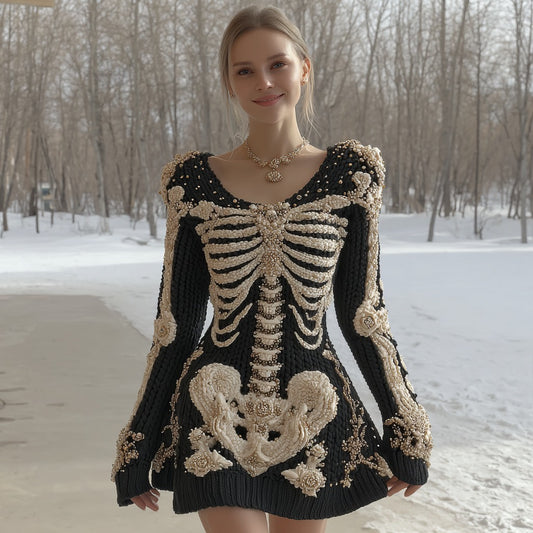 Women's Halloween Skeleton Anatomy Art Crew Neck Knit Maxi Dress