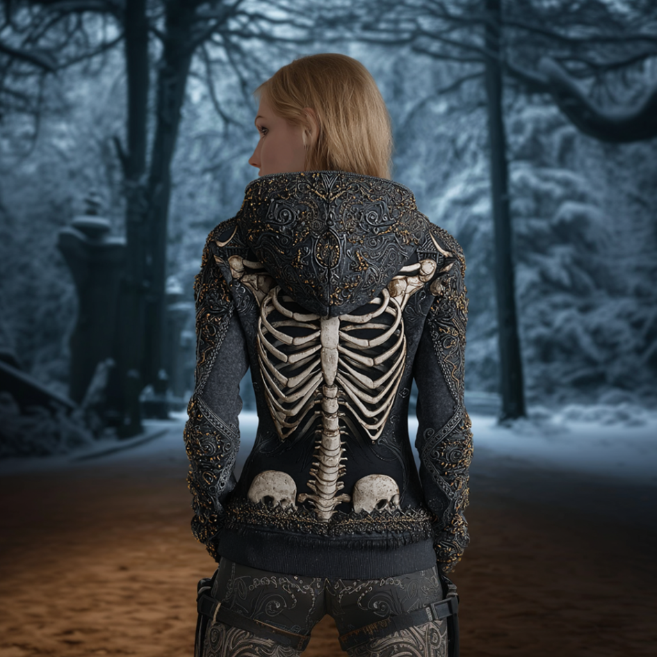 Halloween Skeleton Bone Design Women's Hooded Sweatshirt Jacket