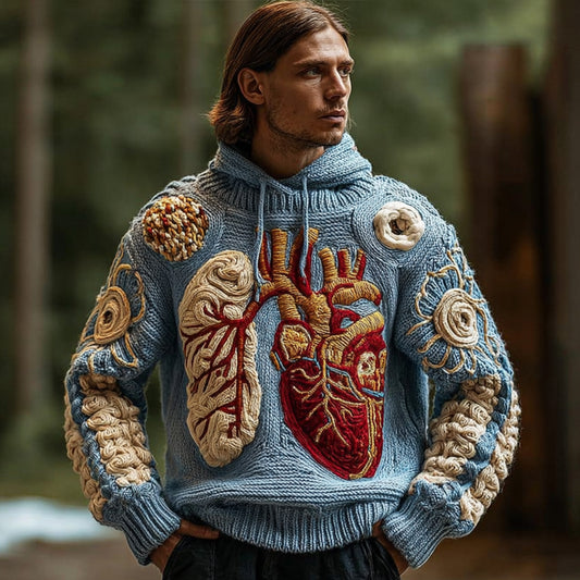 Men's Anatomy Art Ancient Coarse Needle Mist Blue Hooded Sweater