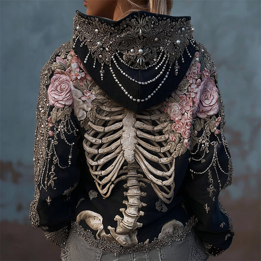 Skeleton Pink Floral Elegant Beaded Cozy Hoodie