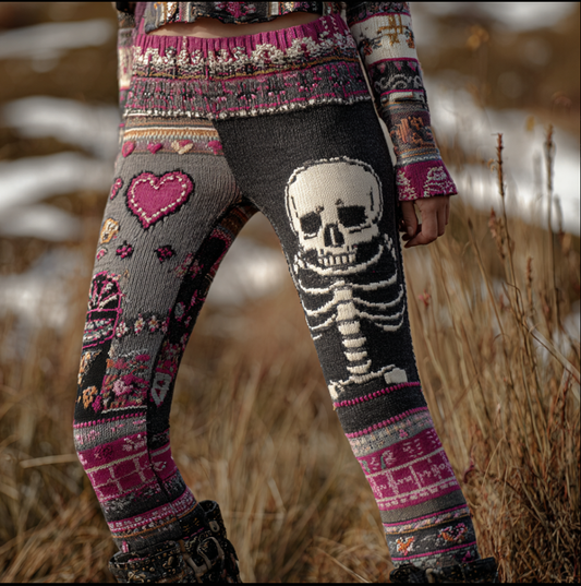 Halloween Skeleton And Heart Pattern Women's Knitted Wool Leggings
