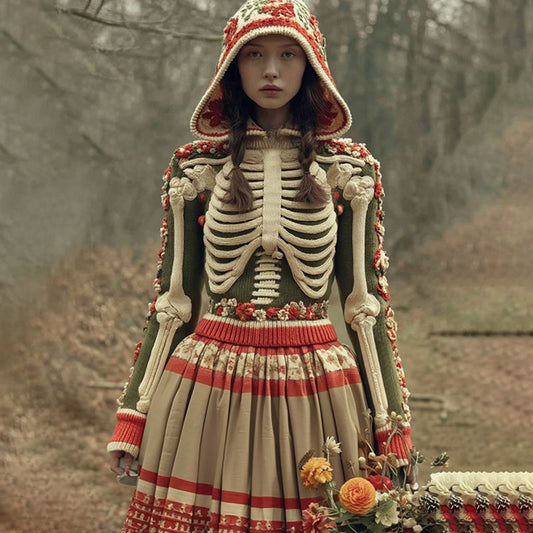 Women's Retro Skeleton Floral Art Knit Hooded Sweater
