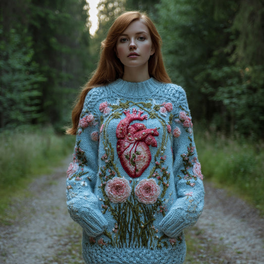 Women's Halloween Heart And Flower Art Embroidered Blue Round Neck Sweater