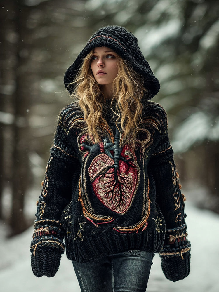 Women's Halloween Human Anatomy Art Knit Hooded Sweater