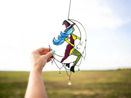 Witch on moon stained glass window hangings