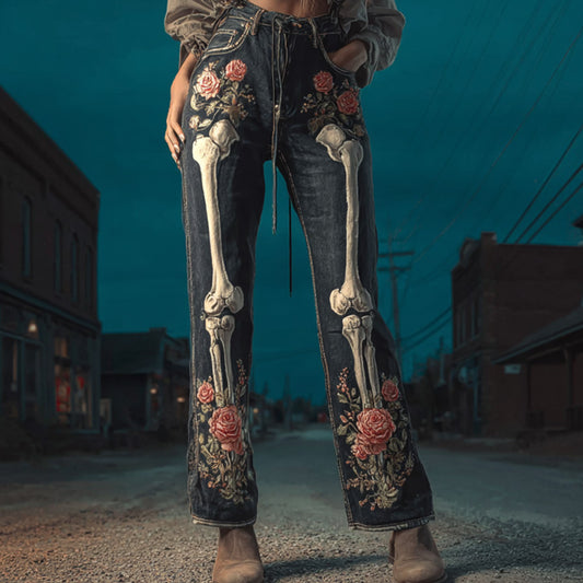 Halloween Vintage Skull Rose Embroidered Jeans