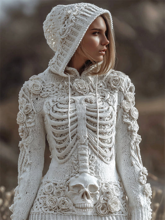 Vintage White Roses Skull Skeleton Hooded Cozy Knit Sweater