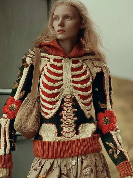 Women's Halloween Human Anatomy Art And Flower Vintage Hooded Sweater