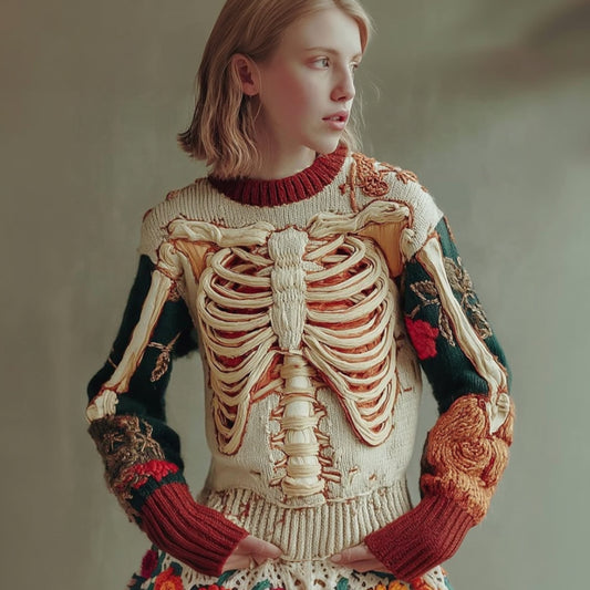 Women's Halloween Skeleton And Flower Art Embroidery Color Blocked Round Neck Sweater