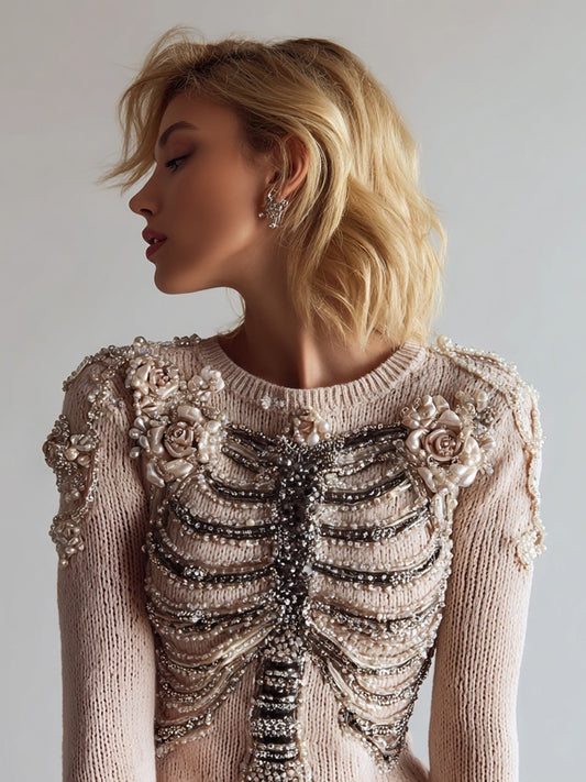 Vintage Glitter Skeleton Floral Embroidered Cozy Sweater