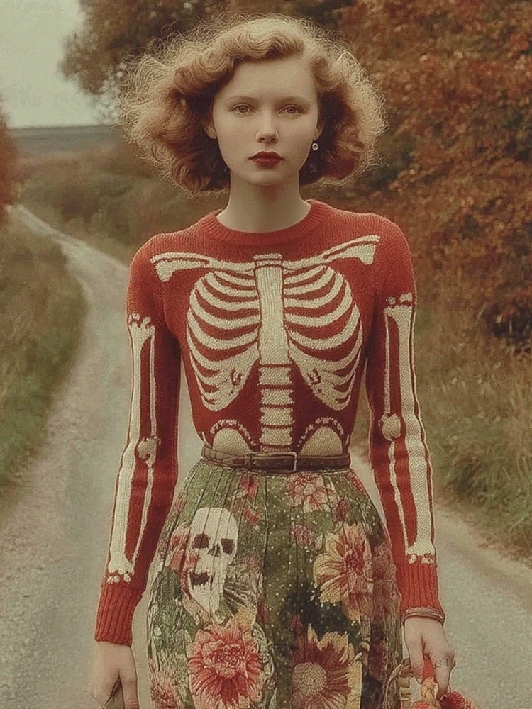 Women's Vintage Skull Ribs Pattern Cozy Knit Sweater