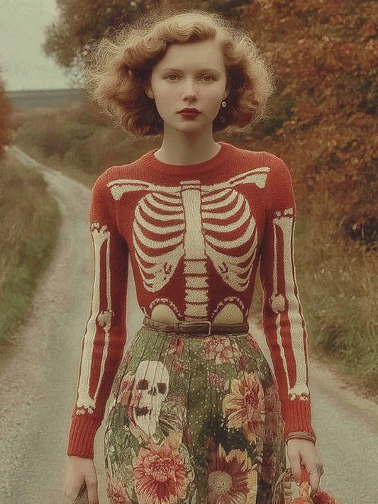 Women's Vintage Skull Ribs Pattern Cozy Knit Sweater