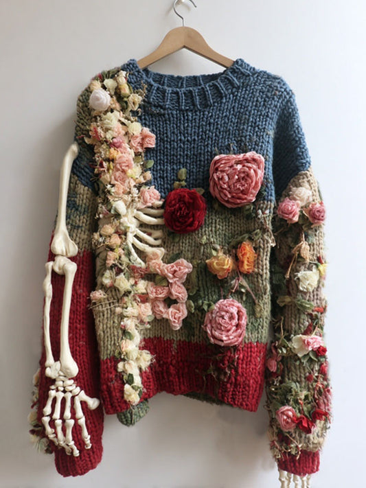 Women's Vintage Skeleton And Rose Art Color Block Cozy Sweater