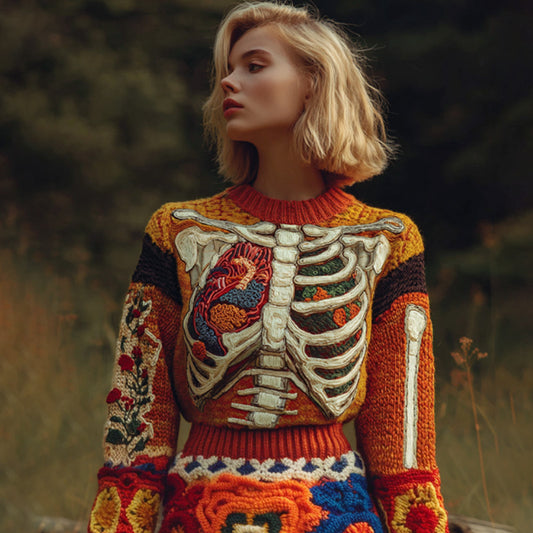 Vintage Halloween Human Anatomy Art Sense Thick Needle Round Neck Sweater