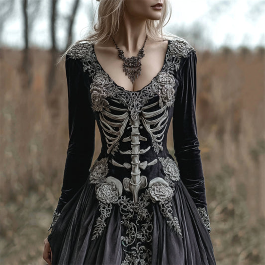 Vintage Skeleton Floral Fiber Art Cozy Velvet Maxi Dress
