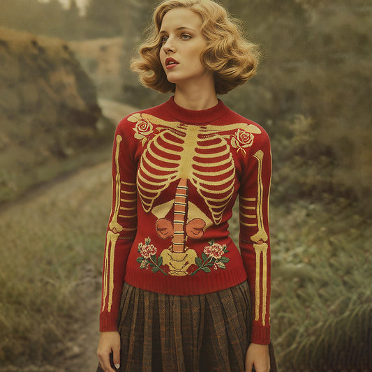 Vintage Halloween Anatomy Art Rose Jacquard Knitted Sweater