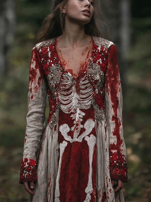 Vintage Skeleton Blood Stain Inspired Spooky Maxi Dress