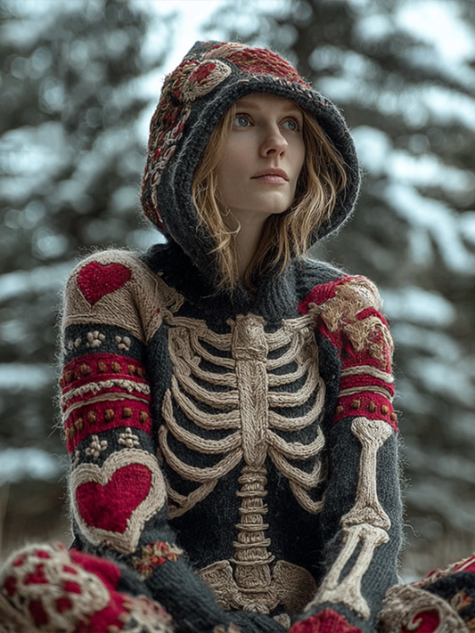 Halloween Skeleton Bone Pattern Design Women's Knit Hooded Sweater