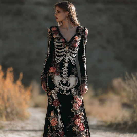 Vintage Skeleton Floral Glitter Beaded Cozy Velvet Maxi Dress