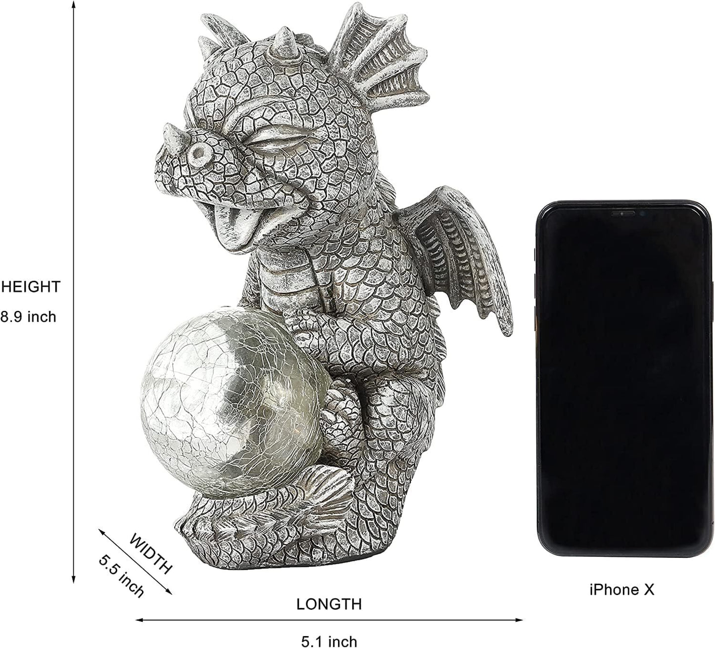 Garden Dragon Statues - Adorable Baby Resin Dragon Holding Magic Orb with Solar LED Lights