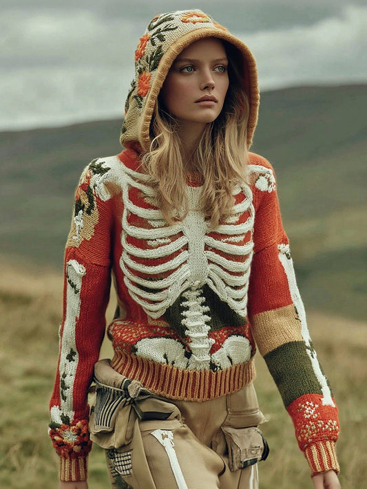 Women's Halloween Skull Ribs Flower Pattern Cozy Hooded Sweater