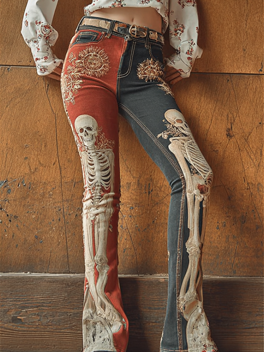 Halloween Theme Skull Bone Pattern Women's Skinny Jeans