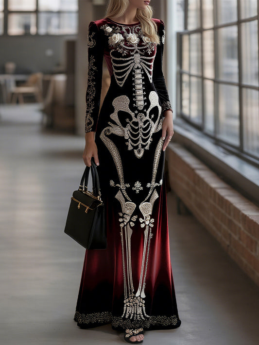 Women's Halloween Dark Gothic Rose Skeleton Velvet Round Neck Maxi Dress