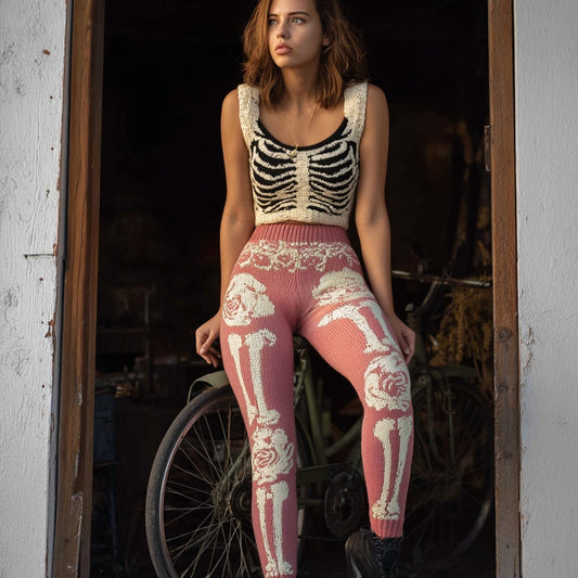 Vintage Halloween Skeleton Art Pattern Comfy Knit Leggings
