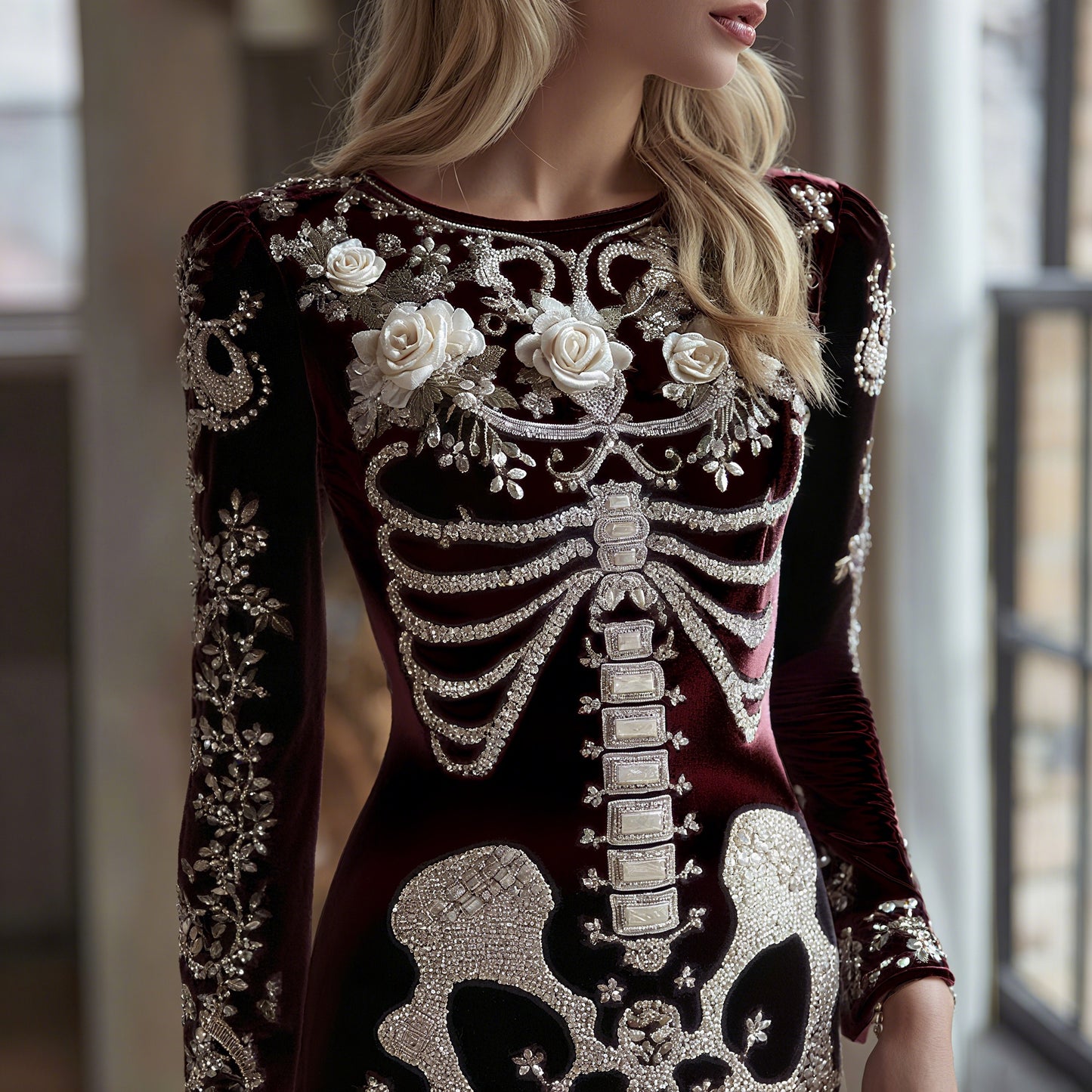 Women's Halloween Dark Gothic Rose Skeleton Velvet Round Neck Maxi Dress