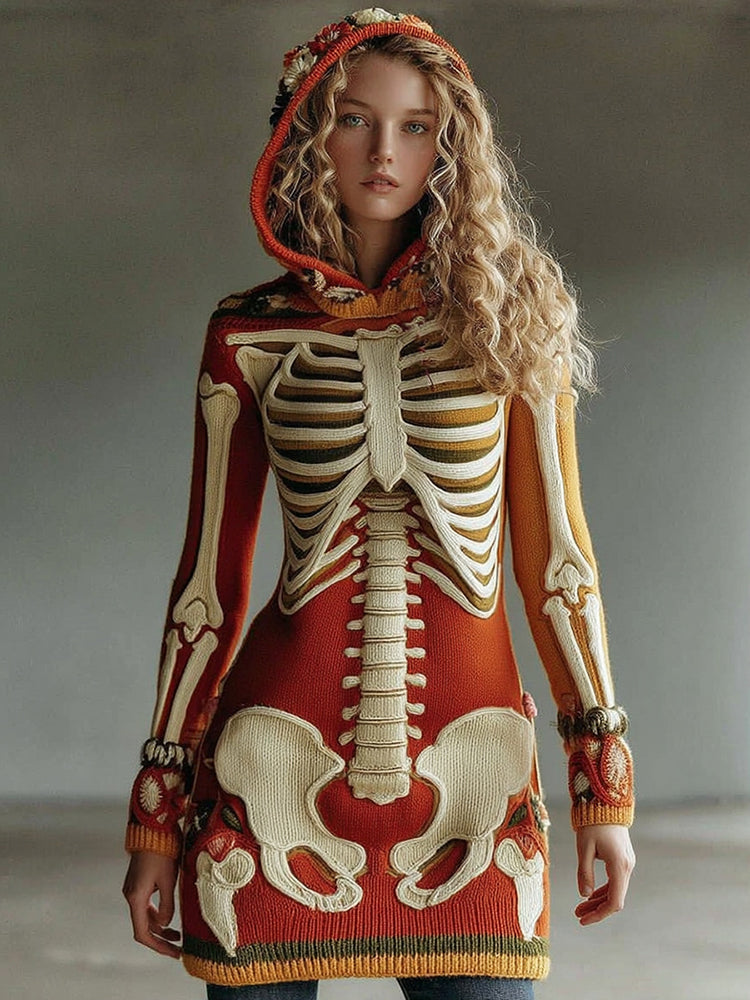 Vintage Halloween Anatomy With Halloween Floral Art Chunky Knitted Hooded Sweater Short Dress