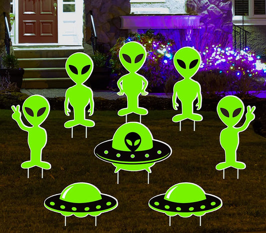 8Pcs Halloween Glow in the Dark Alien UFO Yard Sign