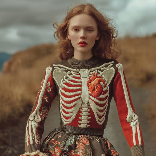 Women's Halloween Skeleton Art And Flower Color Blocked Round Neck Sweater