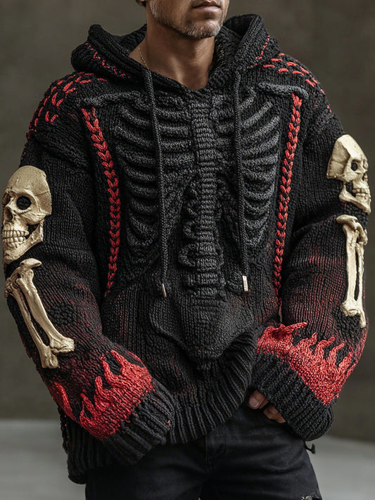 Halloween Skeleton Flame Inspired Jacquard Knit Hooded Sweater