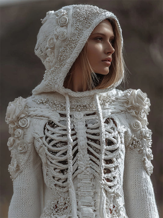 Vintage White Roses Beaded Skeleton Hooded Cozy Knit Sweater
